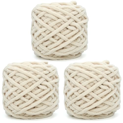 YARFOFUN Chunky Chenille Yarn for Crocheting,Beige Fluffy Velvet Plush Yarn Thick Soft Chunky Chenille Yarn Baby Blanket Yarn for Crocheting Knitting Beginners 3 * 100g(Beige) - Image 1