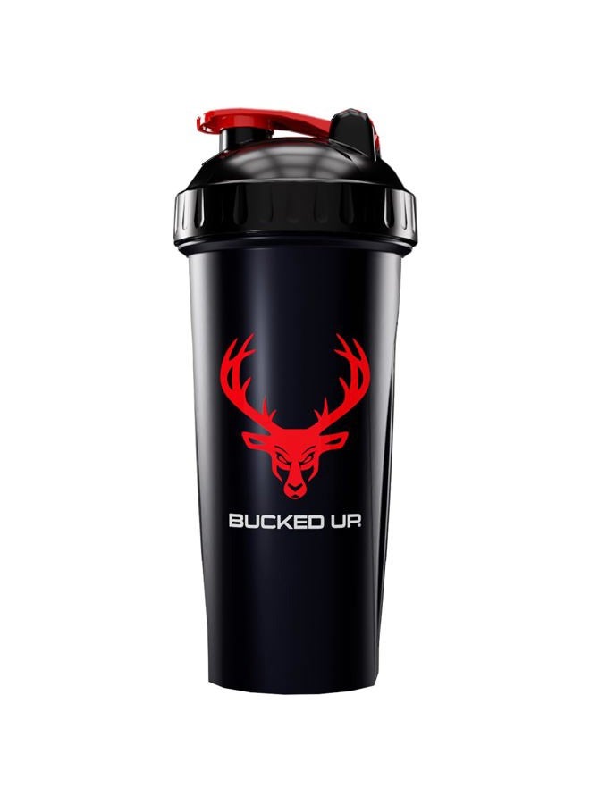 Perfect Shaker Bottle, 28oz, BPA-Free, Dishwasher Safe, Leak-Proof, Black Bottle with Red Buck Logo