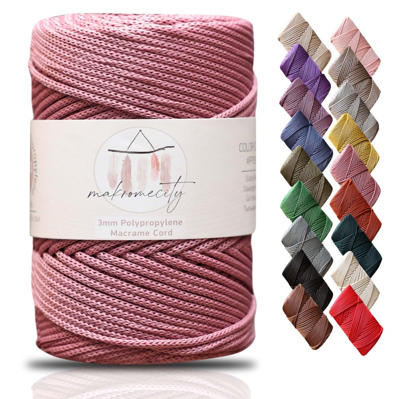 Makromecity Premium Polyester Macrame Cord 3mm x 131 Yards 394 feet 3mm Polypropylene Dusty Rose Macrame Cord Crochet Macrame Bag Cord Crafts for Wall Hangings Bags Underplate Rug