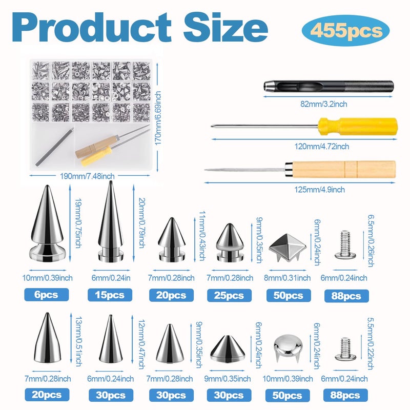 Craluuur 455PCS Punk Spikes and Studs Kit for Clothing, 12 Sizes Premium Metal Cone Spikes, Square Pyramid Studs & Round Dome Rivets for Leathercraft and Punk Style DIY Craft Decoration - Image 2