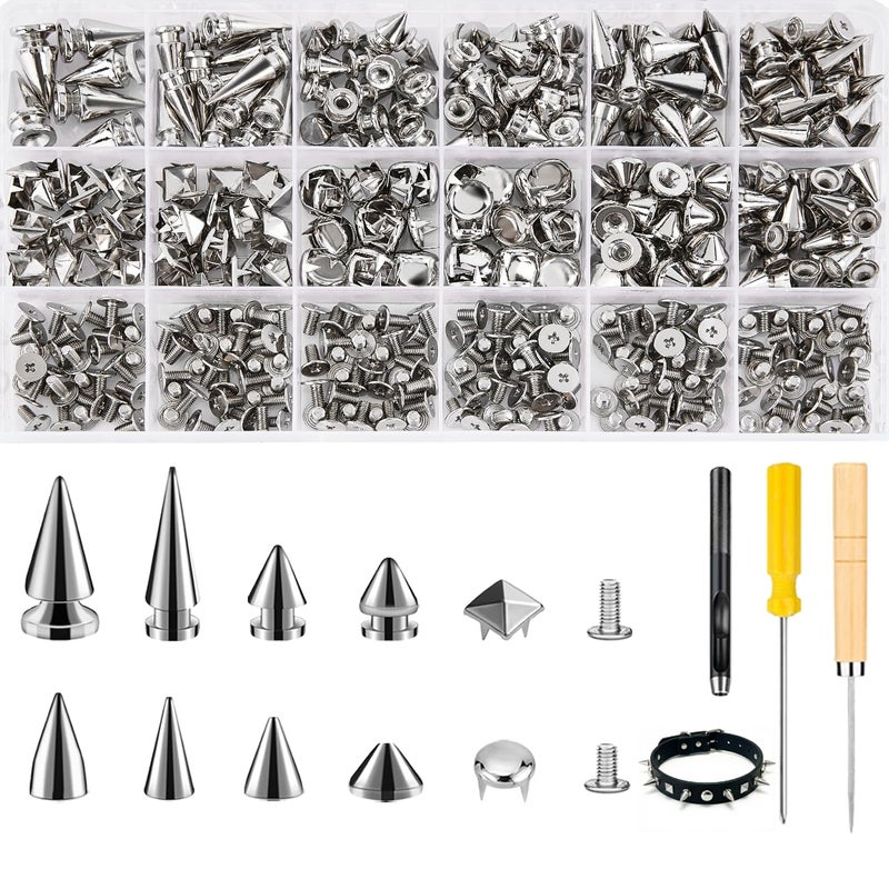 Craluuur 455PCS Punk Spikes and Studs Kit for Clothing, 12 Sizes Premium Metal Cone Spikes, Square Pyramid Studs & Round Dome Rivets for Leathercraft and Punk Style DIY Craft Decoration - Image 1