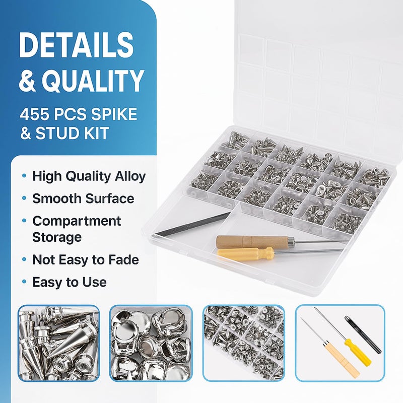 Craluuur 455PCS Punk Spikes and Studs Kit for Clothing, 12 Sizes Premium Metal Cone Spikes, Square Pyramid Studs & Round Dome Rivets for Leathercraft and Punk Style DIY Craft Decoration - Image 3
