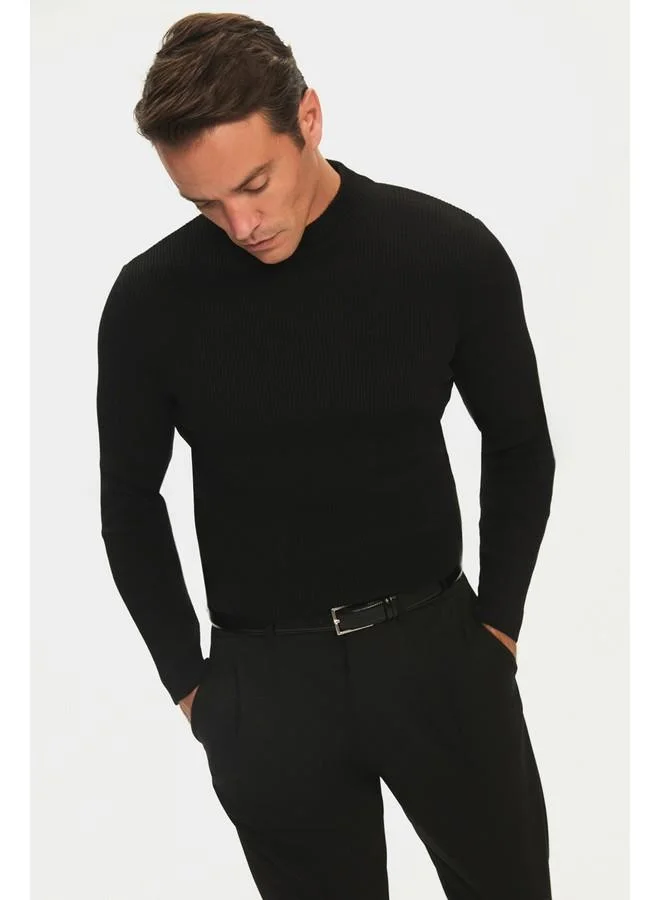 JUNE June Men Slim Fit Half Turtleneck Ribbed Knit Sweater Black