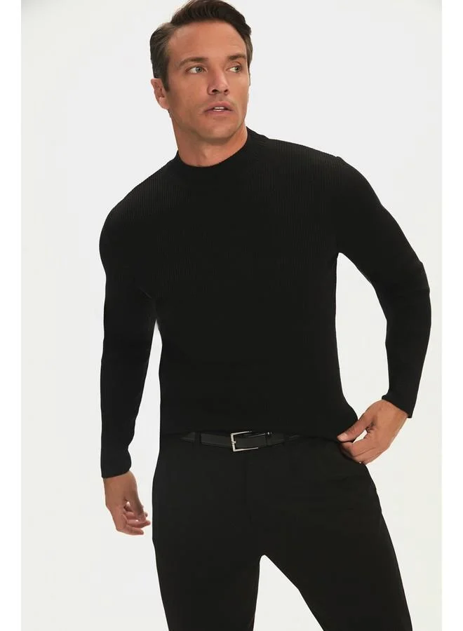 JUNE June Men Slim Fit Half Turtleneck Ribbed Knit Sweater Black