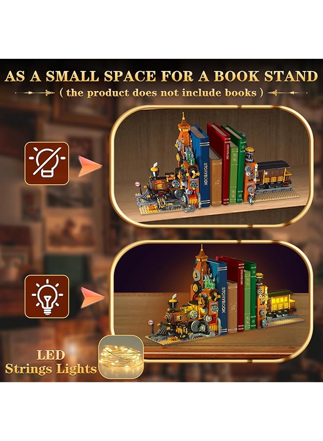 KASTWAVE Steampunk Train Bookend Building Block Set 252 Pcs Creative Book Nook Kit With Led Light Rich Details Miniature Book Nook Building Block Model For Kids Adults Boys Girls Age 8+ - Image 4