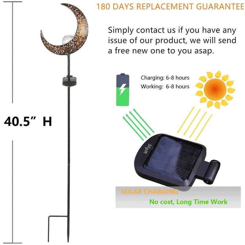 Starryfill Moon-Shaped Garden Solar Lights, Outdoor Bronze Metal Waterproof Stake with Crackle Glass Globe Warm White LED for Pathway Lawn Patio or Courtyard - Image 4