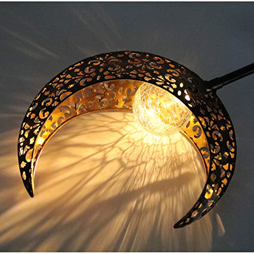 Starryfill Moon-Shaped Garden Solar Lights, Outdoor Bronze Metal Waterproof Stake with Crackle Glass Globe Warm White LED for Pathway Lawn Patio or Courtyard - Image 2