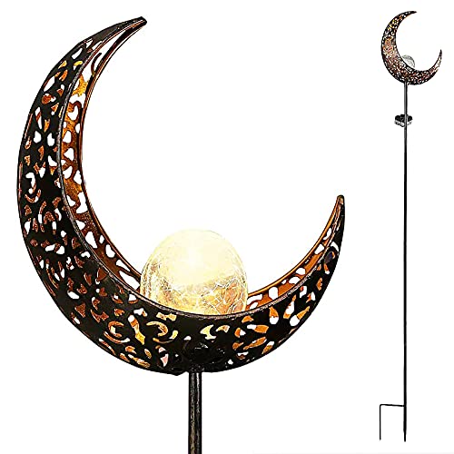 Starryfill Moon-Shaped Garden Solar Lights, Outdoor Bronze Metal Waterproof Stake with Crackle Glass Globe Warm White LED for Pathway Lawn Patio or Courtyard - Image 1