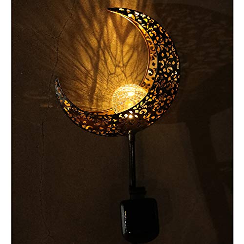 Starryfill Moon-Shaped Garden Solar Lights, Outdoor Bronze Metal Waterproof Stake with Crackle Glass Globe Warm White LED for Pathway Lawn Patio or Courtyard - Image 3