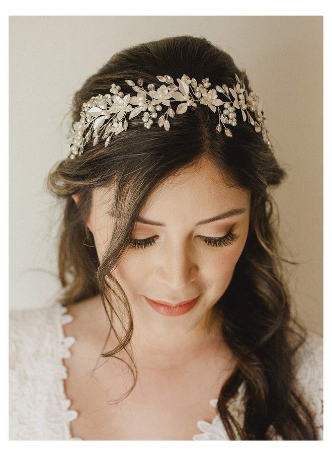 SWEETV - Handmade Rhinestone Wedding Headband Flowerleaf Bridal Headpieces For Wedding Pearl Hair Accessories (Silver) - Image 1