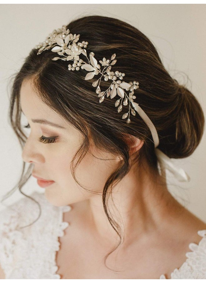 SWEETV - Handmade Rhinestone Wedding Headband Flowerleaf Bridal Headpieces For Wedding Pearl Hair Accessories (Silver) - Image 1