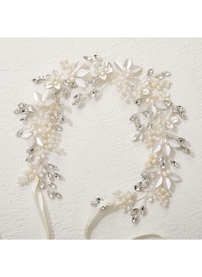 SWEETV - Handmade Rhinestone Wedding Headband Flowerleaf Bridal Headpieces For Wedding Pearl Hair Accessories (Silver) - Image 1