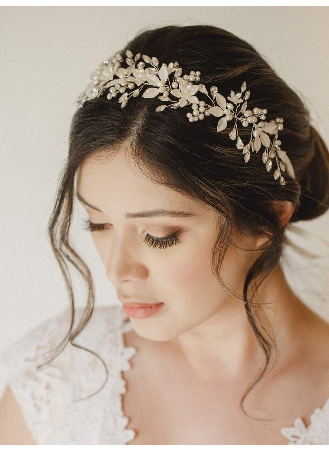 SWEETV - Handmade Rhinestone Wedding Headband Flowerleaf Bridal Headpieces For Wedding Pearl Hair Accessories (Silver) - Image 1