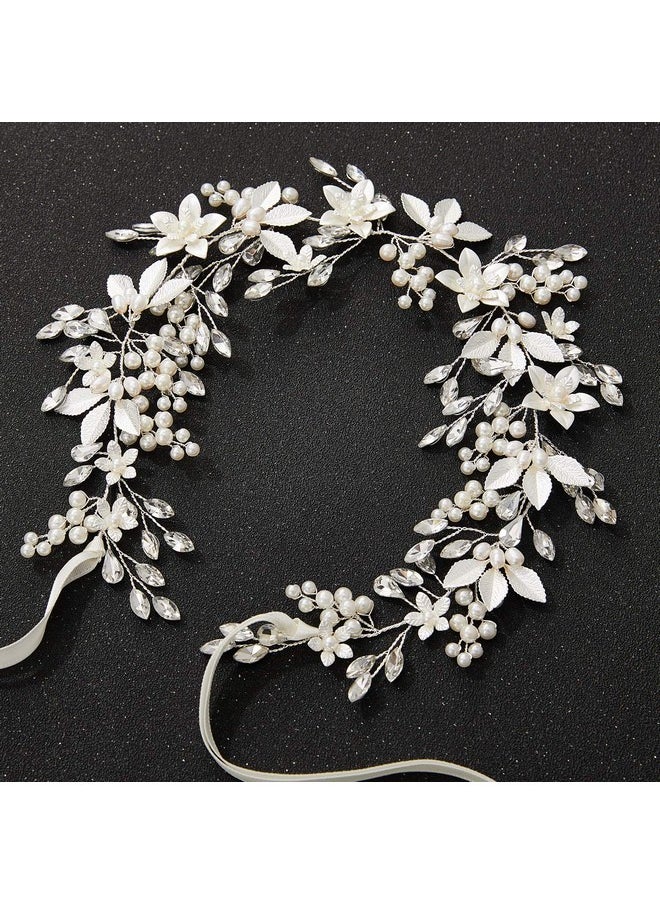 SWEETV - Handmade Rhinestone Wedding Headband Flowerleaf Bridal Headpieces For Wedding Pearl Hair Accessories (Silver) - Image 1