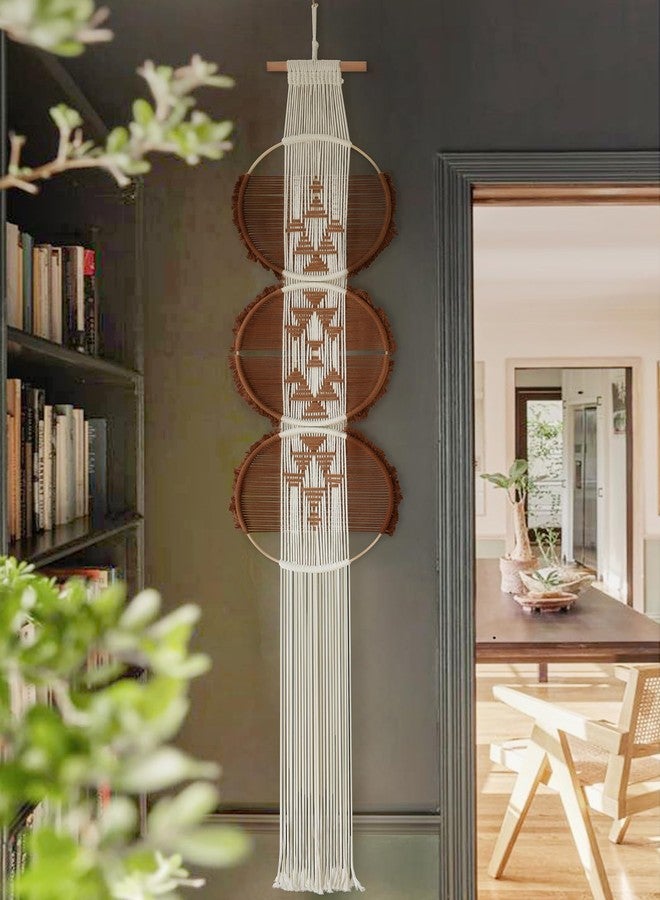 Flber Macrame Wall Hanging Brown and white Boho Wall Decor Art Living room wall art Round Handmade Geometric Lines Home Décor 11.8W x 65L - Image 3