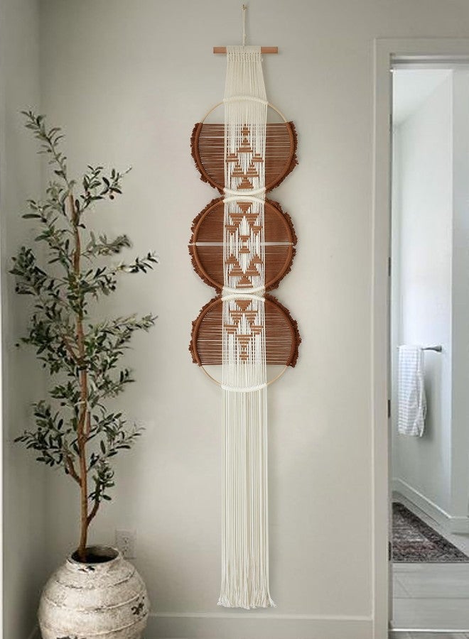 Flber Macrame Wall Hanging Brown and white Boho Wall Decor Art Living room wall art Round Handmade Geometric Lines Home Décor 11.8W x 65L - Image 4