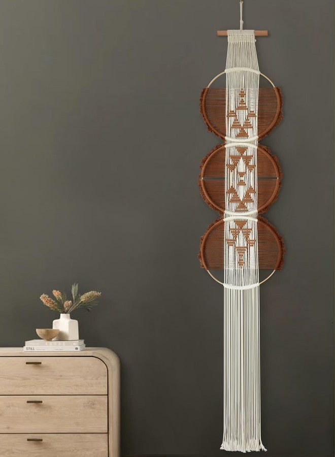 Flber Macrame Wall Hanging Brown and white Boho Wall Decor Art Living room wall art Round Handmade Geometric Lines Home Décor 11.8W x 65L - Image 2