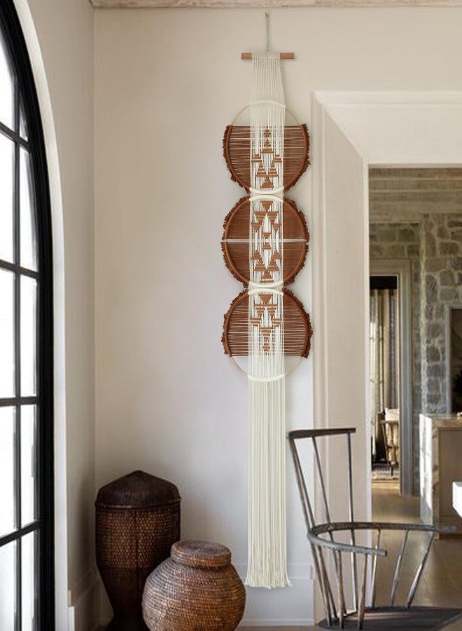 Flber Macrame Wall Hanging Brown and white Boho Wall Decor Art Living room wall art Round Handmade Geometric Lines Home Décor 11.8W x 65L - Image 1