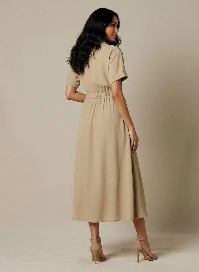 Splash FAV  Shirt Style Midi Dress with Front Slit for Women | Best Price UAE