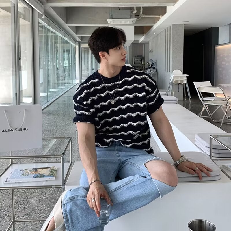 Knitted Round Neck Short-Sleeved T-Shirt For Men Black And White Stripesd T-Shirt Handsome Versatile Casual Trendyy Top - Image 1