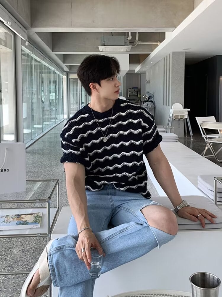 Knitted Round Neck Short-Sleeved T-Shirt For Men Black And White Stripesd T-Shirt Handsome Versatile Casual Trendyy Top - Image 4