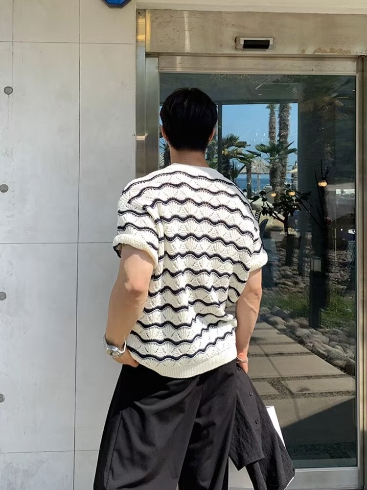 Knitted Round Neck Short-Sleeved T-Shirt For Men Black And White Stripesd T-Shirt Handsome Versatile Casual Trendyy Top - Image 3