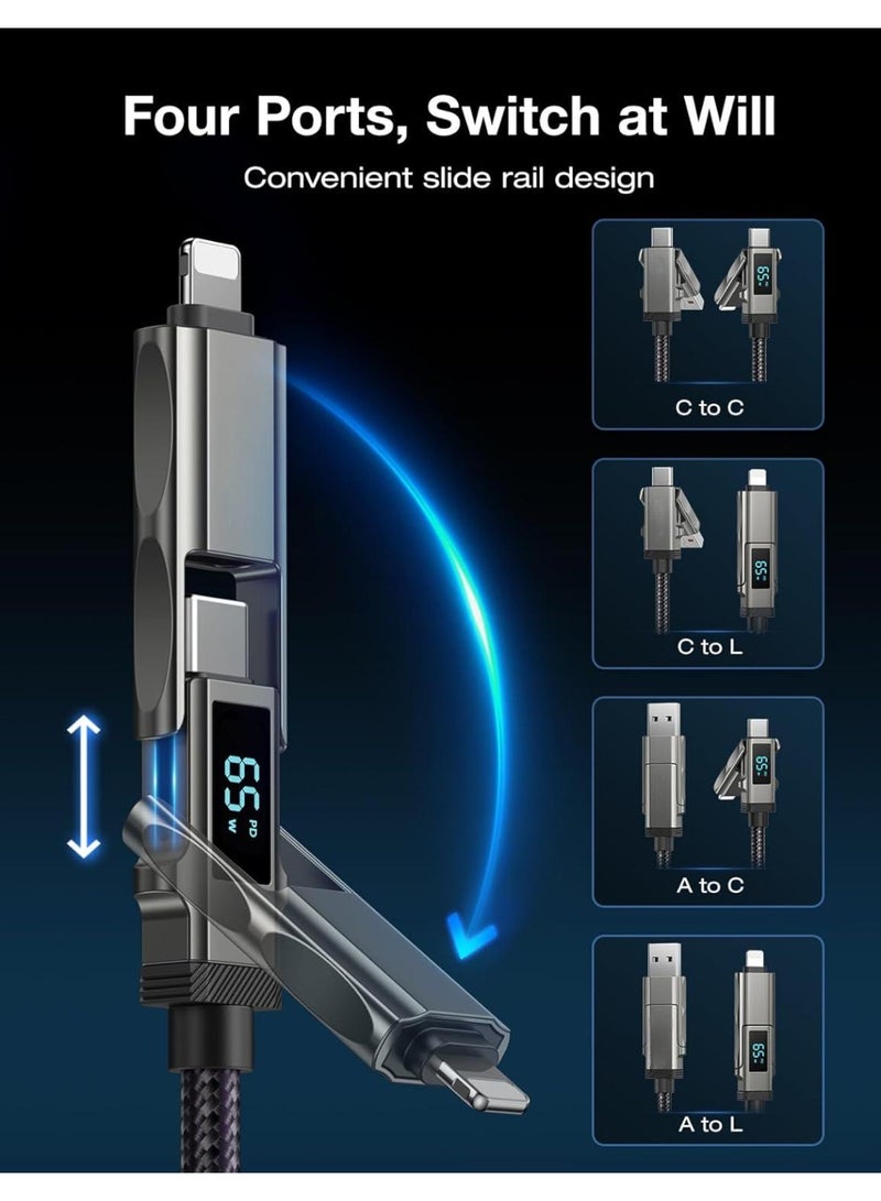 كابل بيانات USB C 65W 4 في 1 مع عرض الطاقة - شاحن متعدد المنافذ مصنّع من نايلون لهواتف الآيفون/سامسونج/الحواسيب المحمولة، بطول 1 متر - Image 2