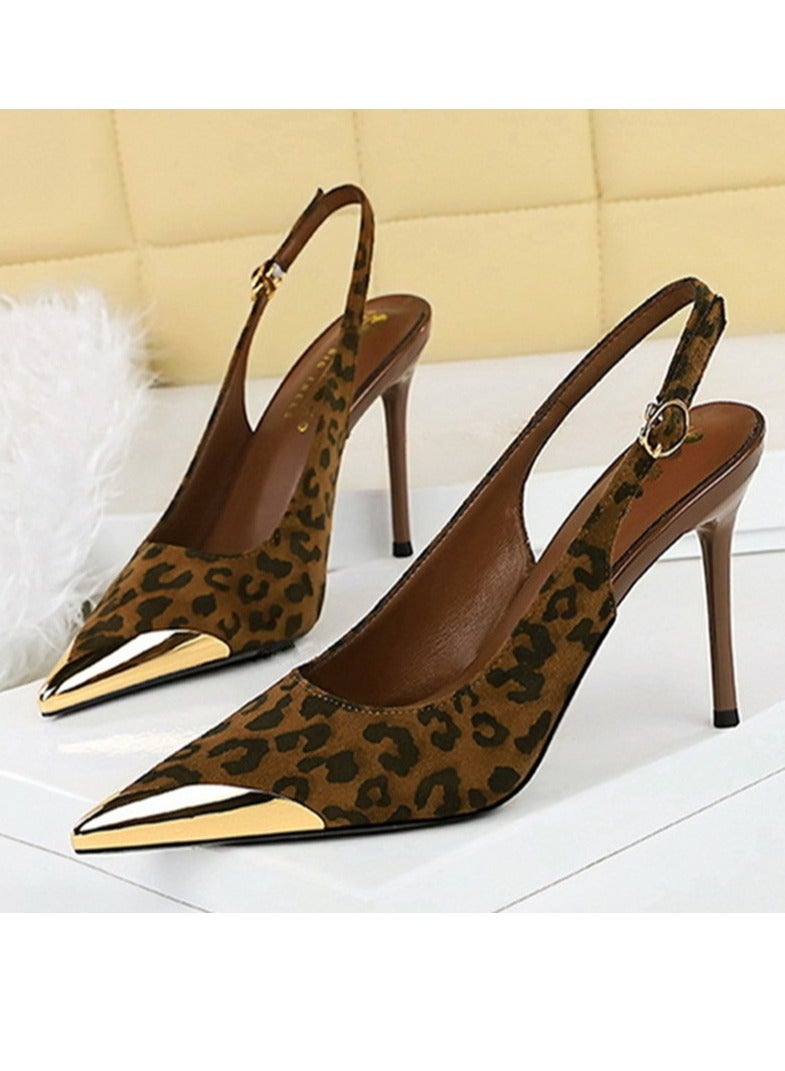 BIGTREE Women's Metal Closed Pointed Toe High Heels With Ankle Straps Suede Stiletto Pumps Leopard Print 9.5CM - Image 1
