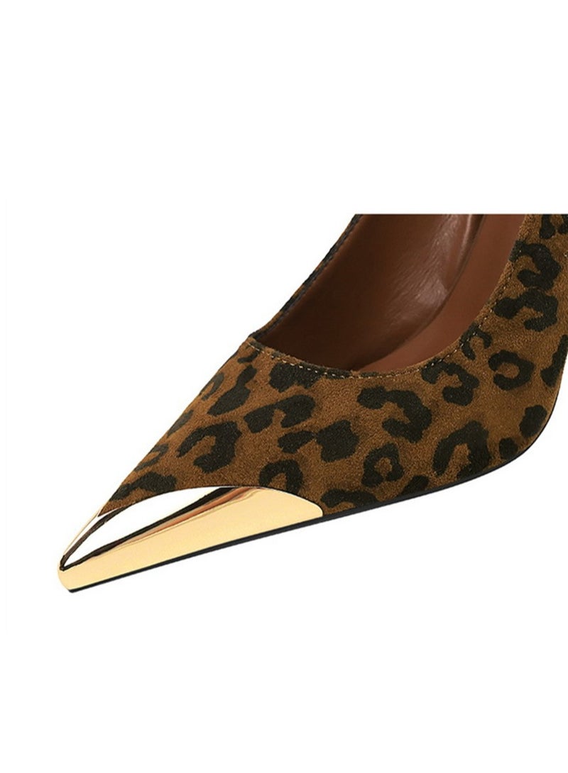 BIGTREE Women's Metal Closed Pointed Toe High Heels With Ankle Straps Suede Stiletto Pumps Leopard Print 9.5CM - Image 4