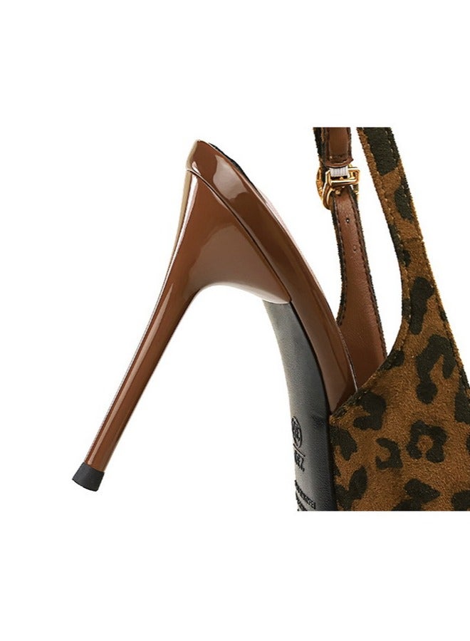BIGTREE Women's Metal Closed Pointed Toe High Heels With Ankle Straps Suede Stiletto Pumps Leopard Print 9.5CM - Image 5