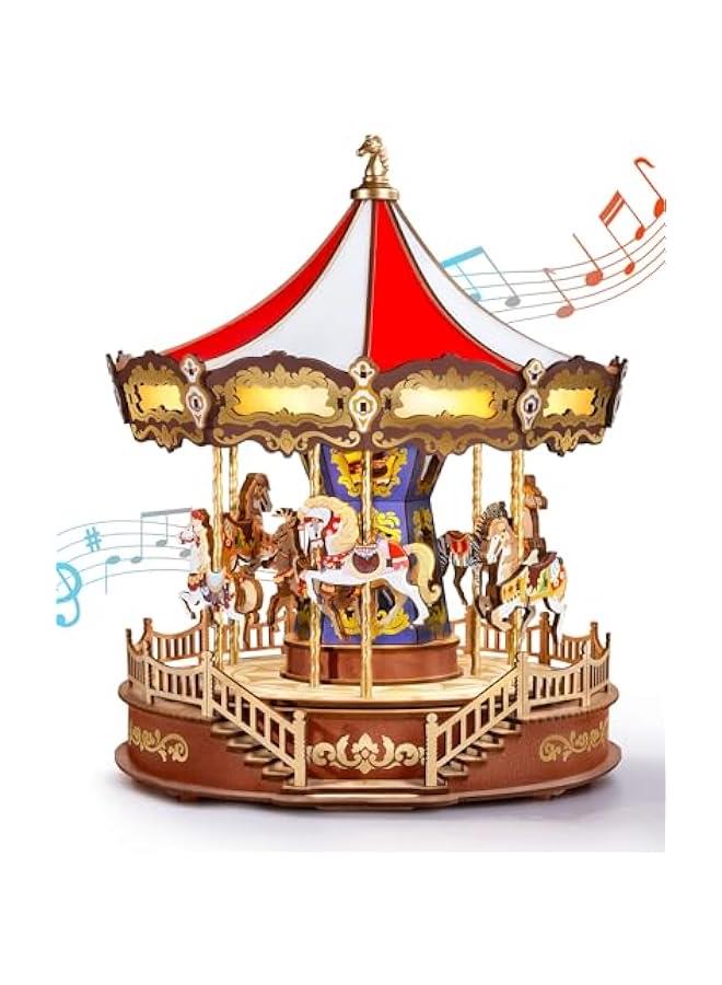 Wooden 3D Puzzles for Adults, DIY Carousel Music Box with Chaser Lights 11.6 Model Building Kit, Construction Project Craft Kits for Adults Hobby Home Decor Chiristmas Gifts for Boys Girls - Image 1