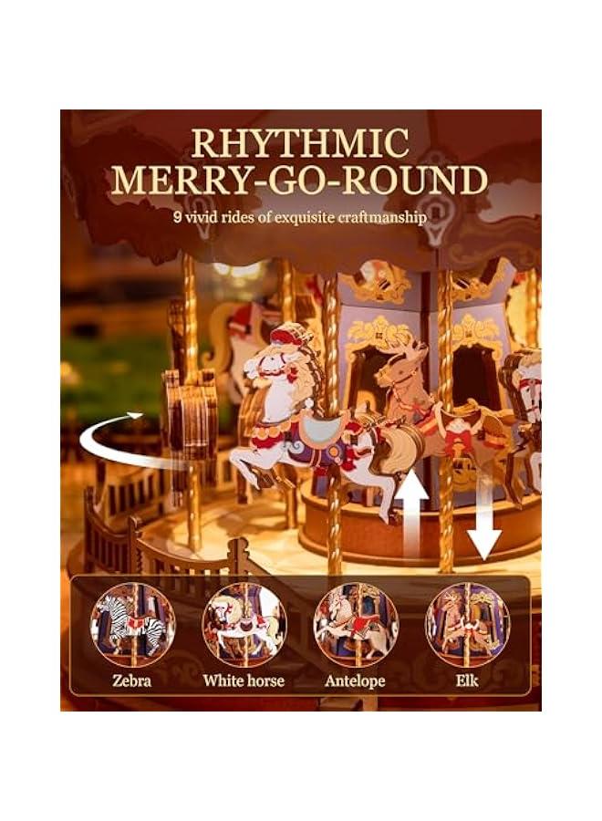 Wooden 3D Puzzles for Adults, DIY Carousel Music Box with Chaser Lights 11.6 Model Building Kit, Construction Project Craft Kits for Adults Hobby Home Decor Chiristmas Gifts for Boys Girls - Image 3