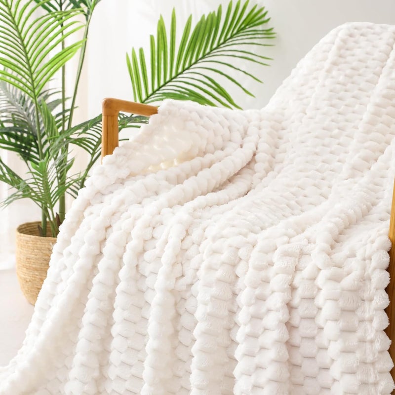 Queen Size Soft Fleece Blanket, 90x90 Inches Stylish Jacquard Velvet Blanket for Bed, Fuzzy Cozy Lightweight for All Season, Ivory | Bed Throw for Sofa, Couch, Travel, Lightweight, Cozy, Fluffy, All Seasons, Cozy Fleece Fabric, Honeycomb Pattern - Image 5