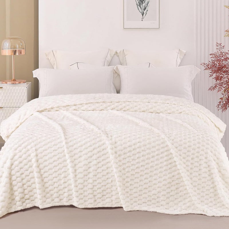 Queen Size Soft Fleece Blanket, 90x90 Inches Stylish Jacquard Velvet Blanket for Bed, Fuzzy Cozy Lightweight for All Season, Ivory | Bed Throw for Sofa, Couch, Travel, Lightweight, Cozy, Fluffy, All Seasons, Cozy Fleece Fabric, Honeycomb Pattern - Image 2