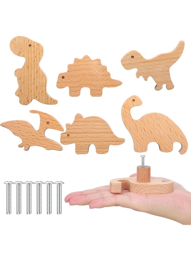 promass Wooden Animal Cabinet Knobs, Decorative Dresser Pulls with Screws, Marine and Woodland Animal Design, Nursery Drawer Handles, Furniture Knobs for Kids' Room Decor (Dinosaur, 6 Sets) - Image 1