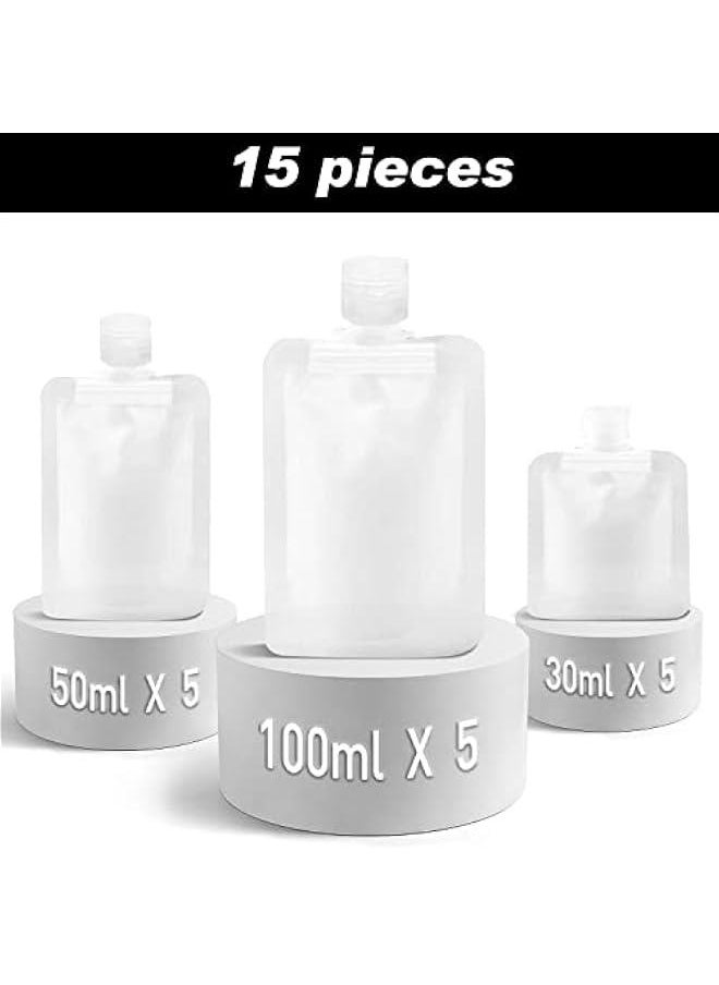 Refillable Travel Pouches, 15Pcs Travel Size Refillable Empty Squeeze Pouches,Transparent Clamshell Packaging Bag Plastic Stand Up Spout Pouch for Toiletry Lotion Shampoo Liquids..aJD.03.15pcs