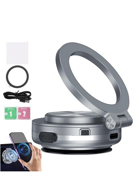 Magnetic Car Phone Mount Stand, 360° Rotating Vacuum Suction Cup Phone Holder for Car, Compatible with iPhone Android, Suitable for Car/Mirro/Kitchen/Gym/Bathroom (Silver)