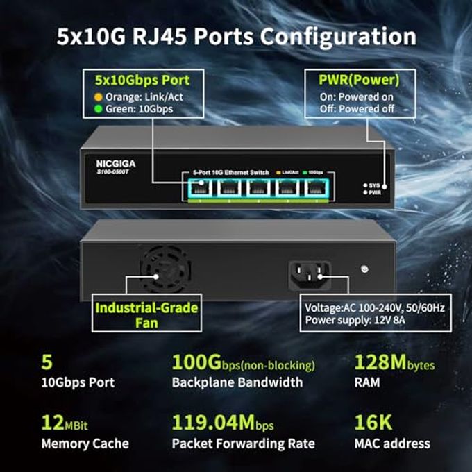 NICGIGA 5 Port 10G Ethernet Switch Unmanaged,With 5X 10Gb Base-T Rj45 Ports, Nicgiga 10Gbps Network Switch Easy For 10G Nas,Pc,Wifi7 Router,10G Adapter/Nic. Desktop Or 19-Inch Rack Mount, Plug And Play. - Image 5