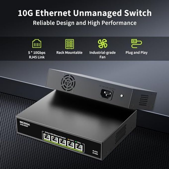 NICGIGA 5 Port 10G Ethernet Switch Unmanaged,With 5X 10Gb Base-T Rj45 Ports, Nicgiga 10Gbps Network Switch Easy For 10G Nas,Pc,Wifi7 Router,10G Adapter/Nic. Desktop Or 19-Inch Rack Mount, Plug And Play. - Image 3