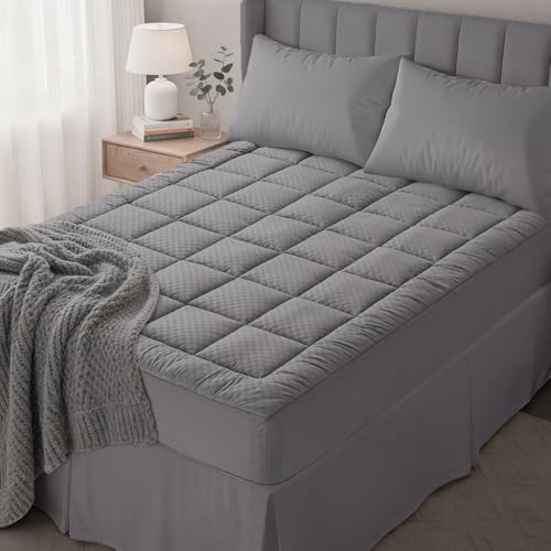 OLANLY Queen Quilted Fitted Mattress Pad Elastic Fitted Mattress Topper Cooling Soft Mattress Cover Stretches up to 21 Inches Deep Machine Washable Mattress Protector 60x80 inch Dark Grey - Image 1