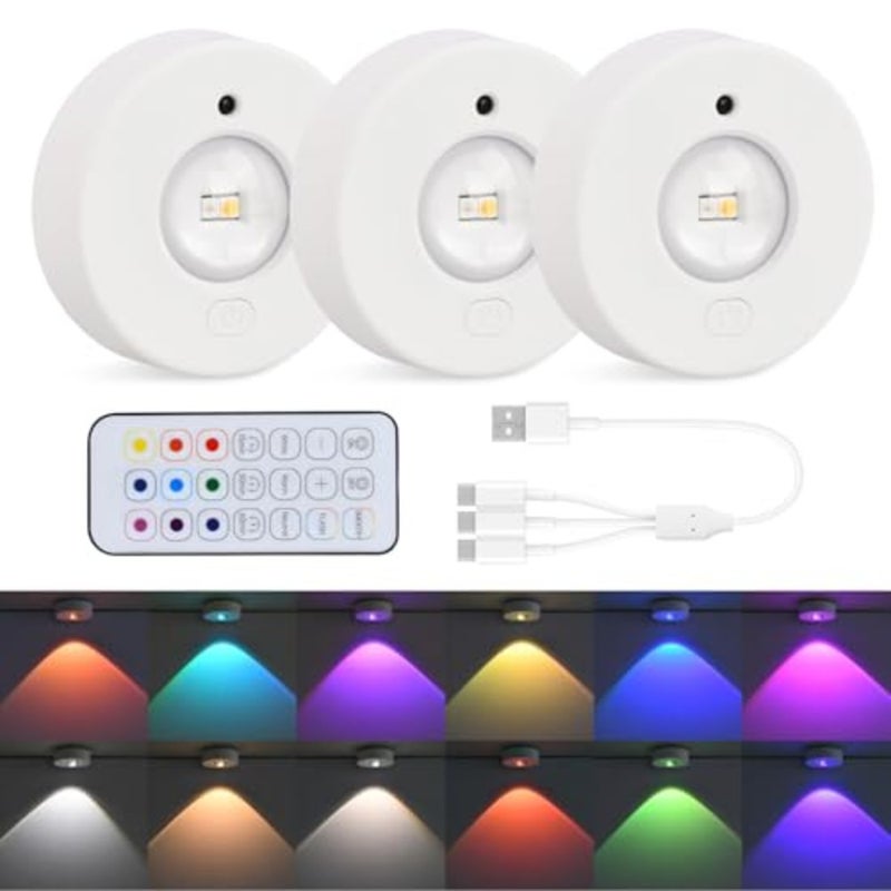 3 Pack Rechargeable LED Cabinet Lights, Wireless Rgb Puck Lights with Remote Control/Timer, Dimmable Adhesive Wall Lights for Closet Counter Kitchen Rv Indoor - Image 1