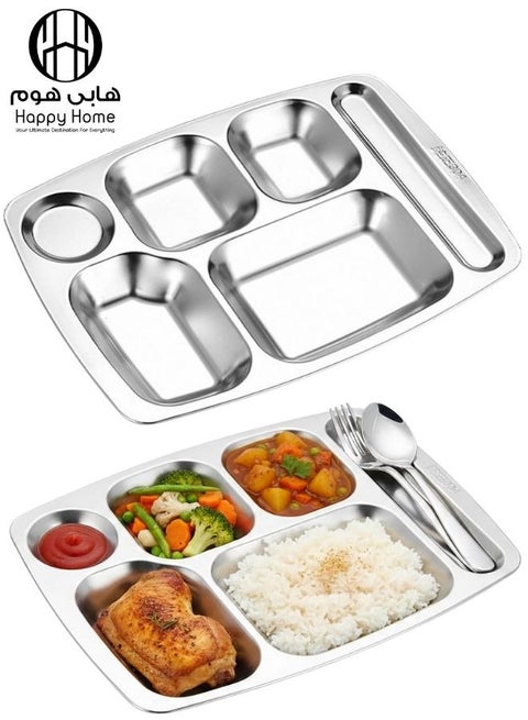 صينية تقديم ستانلس ستيل مقسمة 6 أقسام مع مكان مخصص للمعلقة والشوكة – طبق أكل صحي تقيل من الستانلس ستيل المقاوم للصدأ عالي الجودة – صحن تقديم عملي لفصل الأرز، اللحوم، الخضار، الصلصات والوجبات اليومية – مثالي للأطفال، اللانش بوكس، الدايت، المدارس، الحضانات، المطاعم والكافيهات