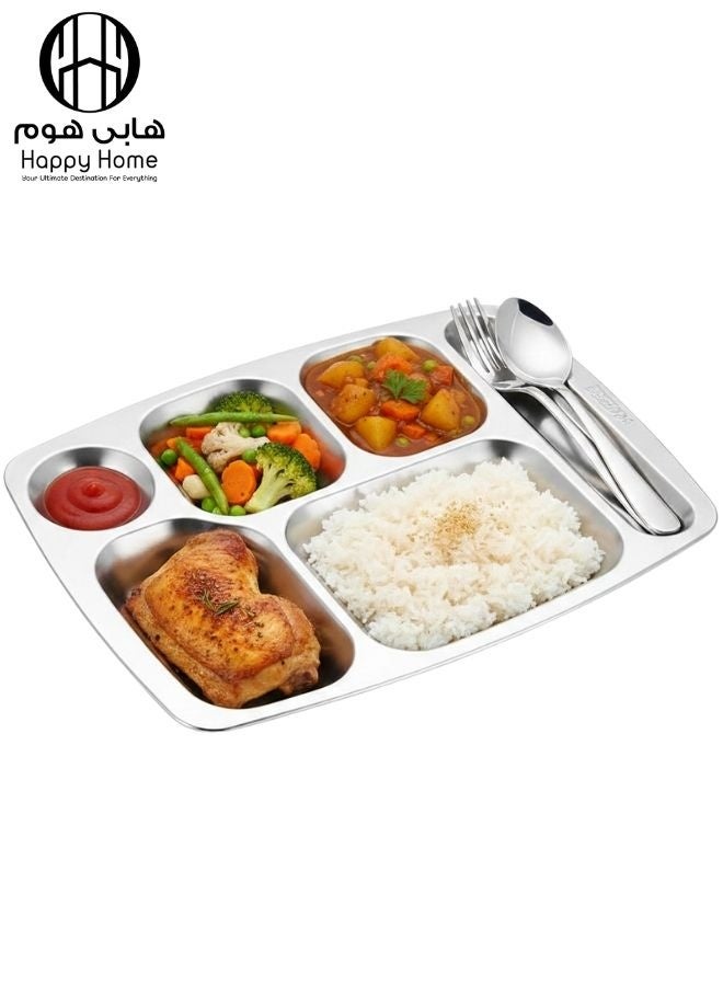 هابي هوم صينية تقديم ستانلس ستيل مقسمة 6 أقسام مع مكان مخصص للمعلقة والشوكة – طبق أكل صحي تقيل من الستانلس ستيل المقاوم للصدأ عالي الجودة – صحن تقديم عملي لفصل الأرز، اللحوم، الخضار، الصلصات والوجبات اليومية – مثالي للأطفال، اللانش بوكس، الدايت، المدارس، الحضانات، المطاعم والكافيهات - Image 2