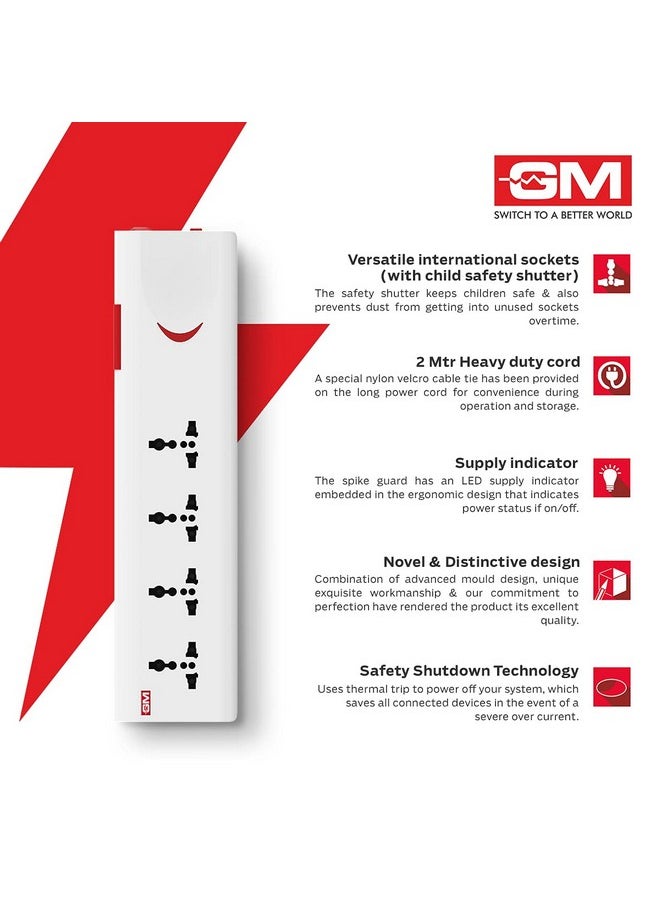 GM GM 3060 E-Book 4 + 1 Power Strip Red & White Color 250 Volts with Master Switch, Indicator, Safety Shutter & 4 International sockets, Extension Cord for Home Appliances  - Image 3