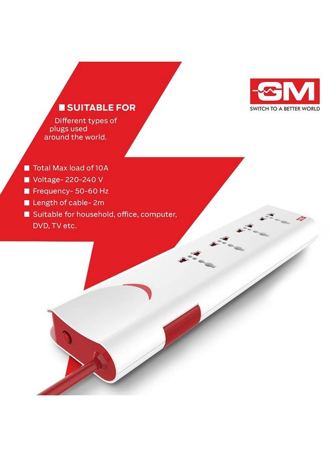 GM GM 3060 E-Book 4 + 1 Power Strip Red & White Color 250 Volts with Master Switch, Indicator, Safety Shutter & 4 International sockets, Extension Cord for Home Appliances  - Image 4