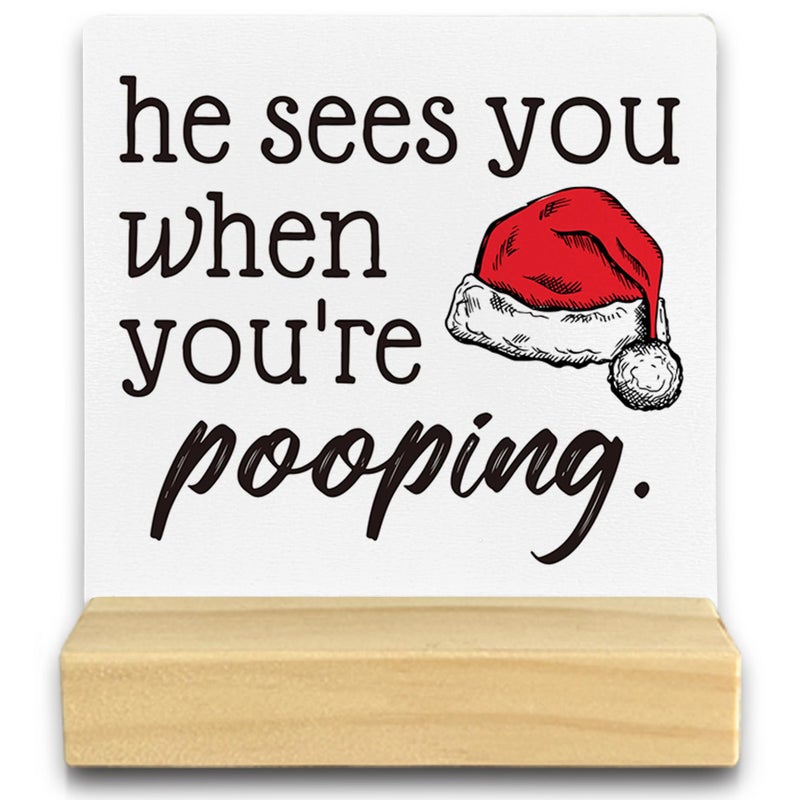 QASHWEY He Sees You When You're Pooping Sign  Funny Christmas Decorations Christmas Bathroom Decorations  Bathroom Christmas Decorations Christmas Sign Christmas Table Decor for Guest Bathroom Toilet - Image 1