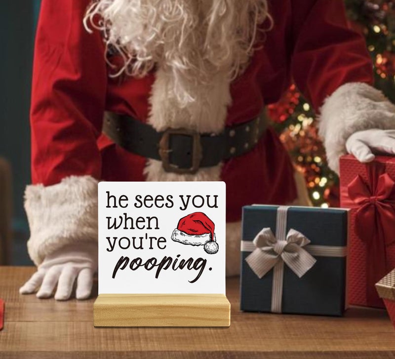 QASHWEY He Sees You When You're Pooping Sign  Funny Christmas Decorations Christmas Bathroom Decorations  Bathroom Christmas Decorations Christmas Sign Christmas Table Decor for Guest Bathroom Toilet - Image 4