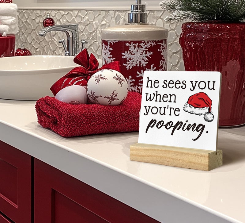 QASHWEY He Sees You When You're Pooping Sign  Funny Christmas Decorations Christmas Bathroom Decorations  Bathroom Christmas Decorations Christmas Sign Christmas Table Decor for Guest Bathroom Toilet - Image 2
