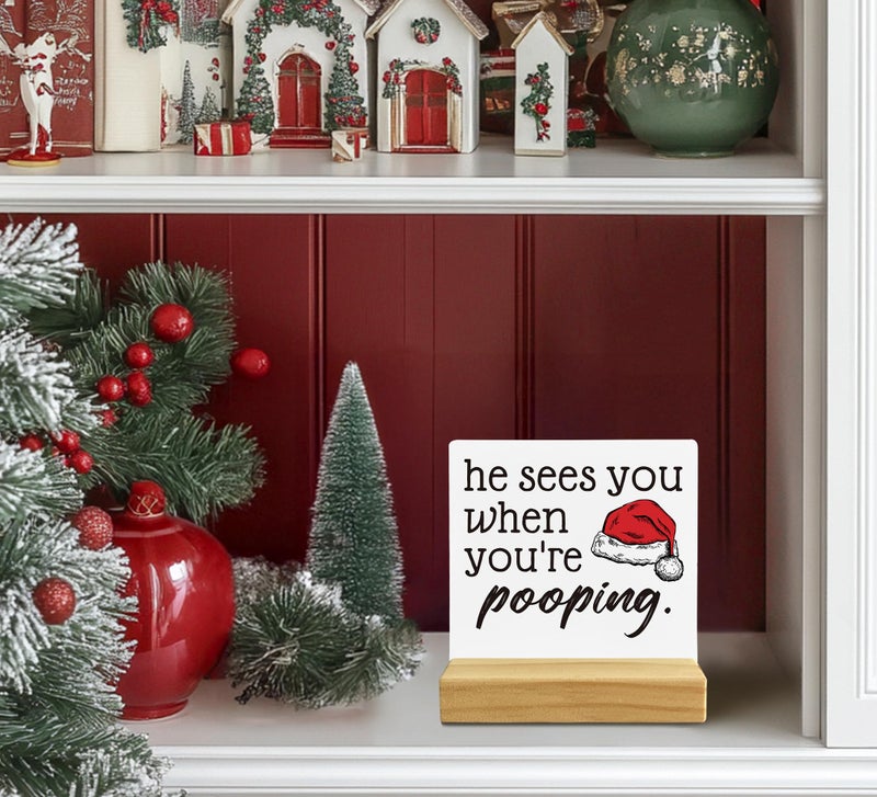 QASHWEY He Sees You When You're Pooping Sign  Funny Christmas Decorations Christmas Bathroom Decorations  Bathroom Christmas Decorations Christmas Sign Christmas Table Decor for Guest Bathroom Toilet - Image 3