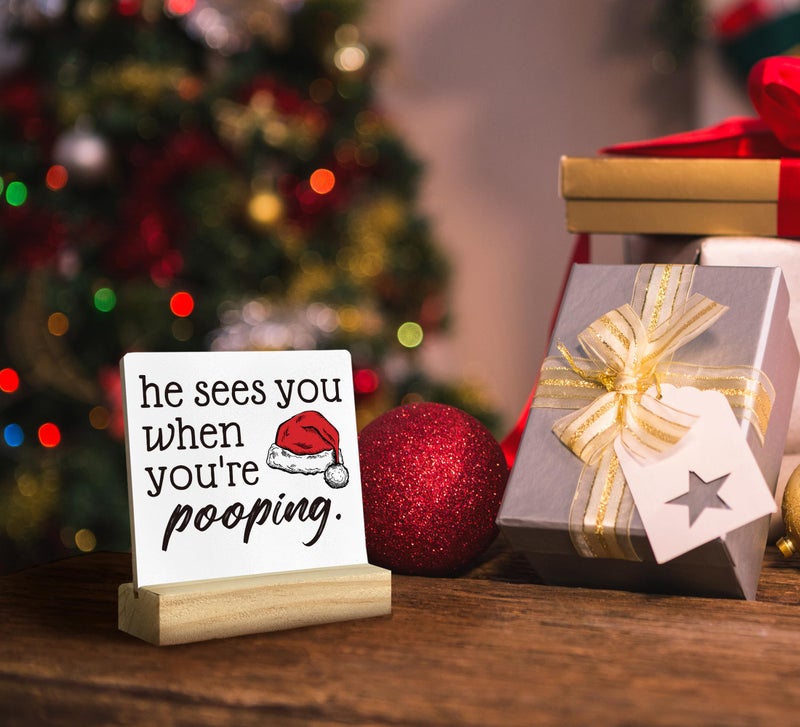 QASHWEY He Sees You When You're Pooping Sign  Funny Christmas Decorations Christmas Bathroom Decorations  Bathroom Christmas Decorations Christmas Sign Christmas Table Decor for Guest Bathroom Toilet - Image 5